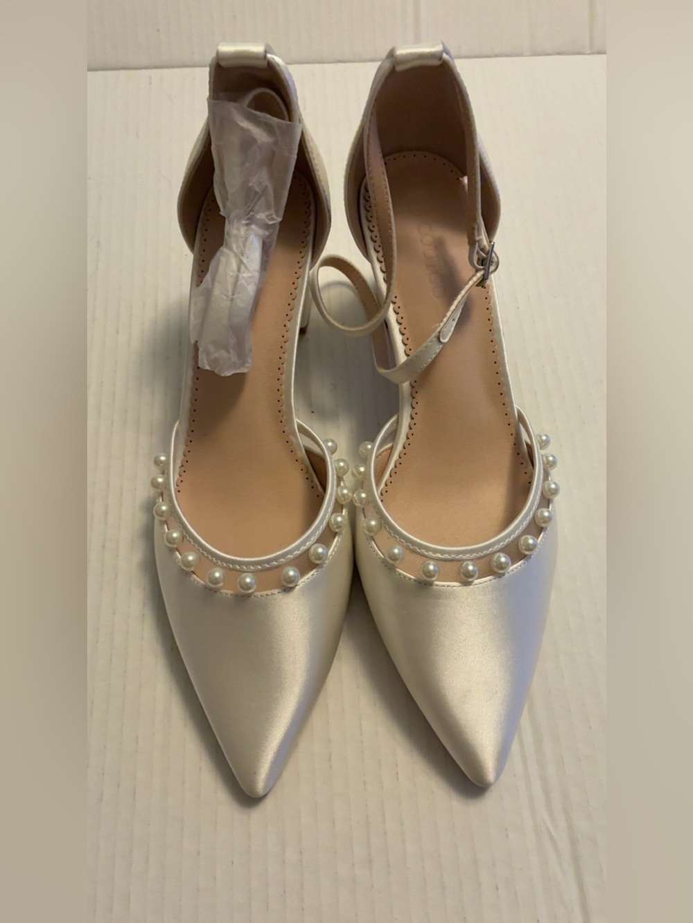 Pearl-Trim Satin Ankle-Strap Heels in Ivory